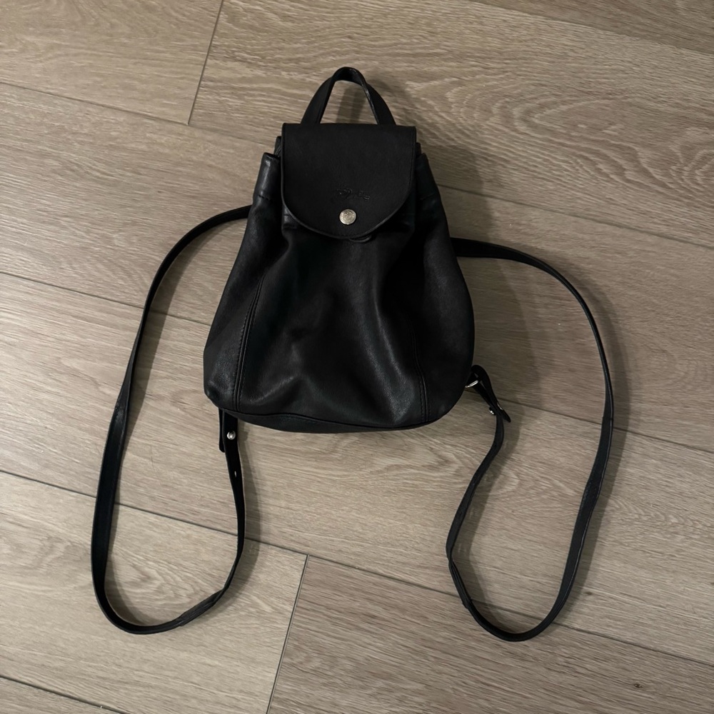 Longchamp Womens Leather Le Pliage Cuir Drawstring Backpack Handbag Black